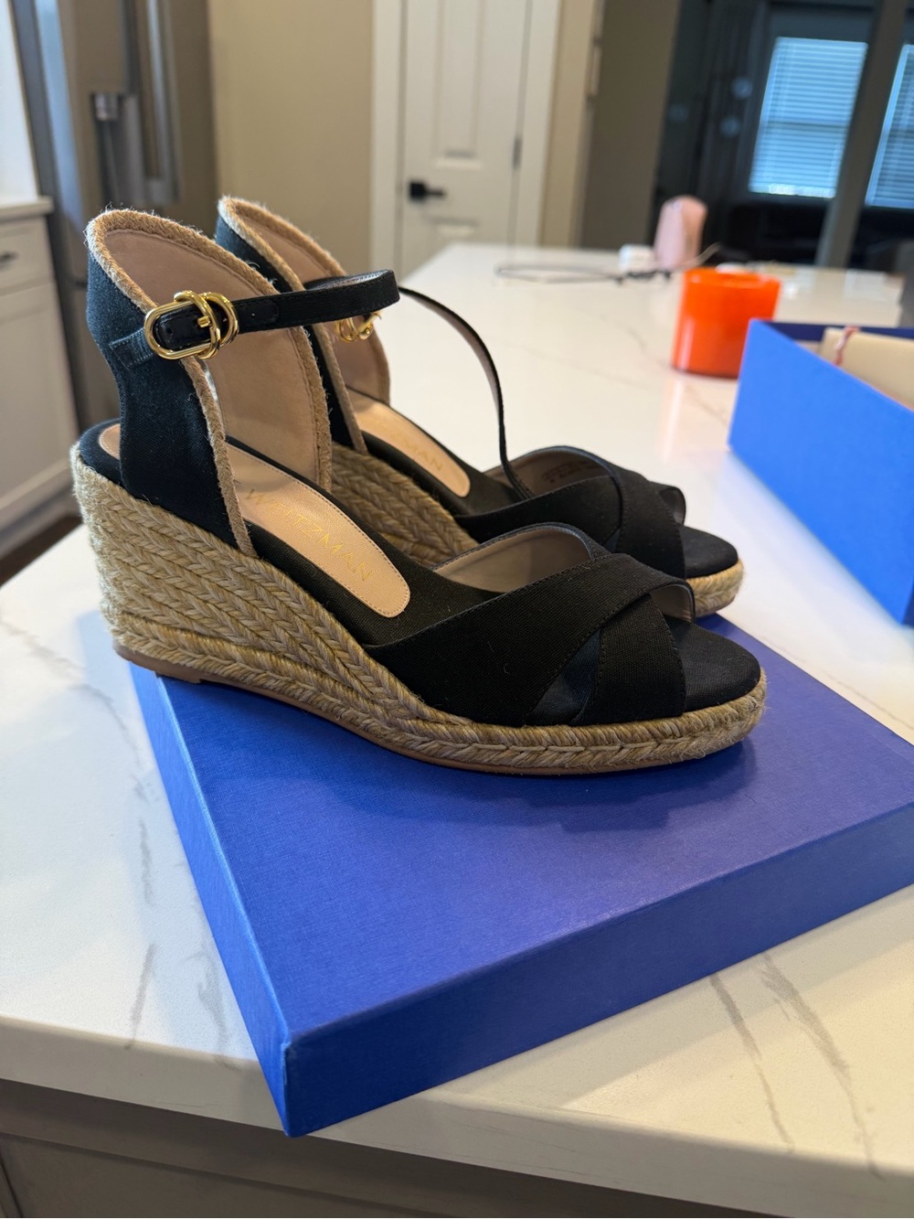 Stuart Weitzman Black Espadrille Wedge Sandals with Ankle Strap
